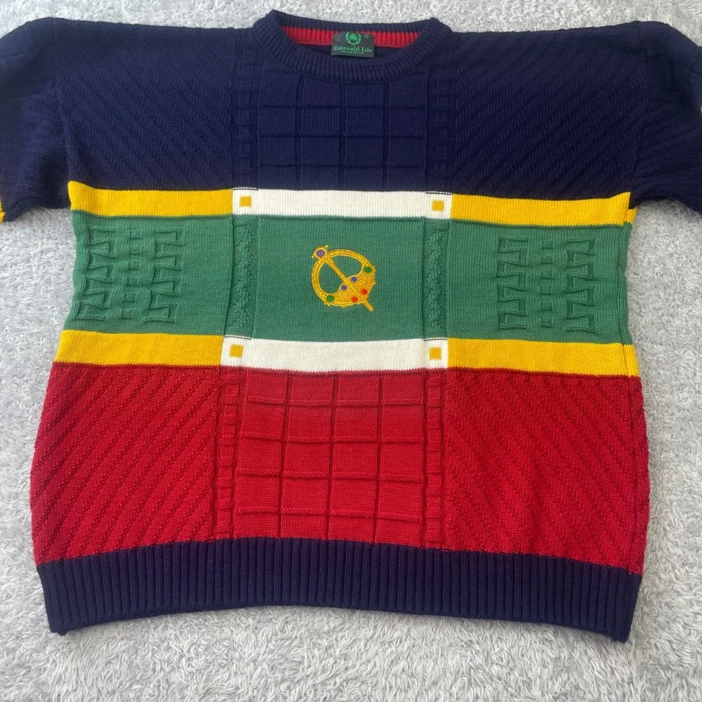 Emerald Isle Sweater Mens M Multicolor Colorblock Knit Made in Ireland Crest
